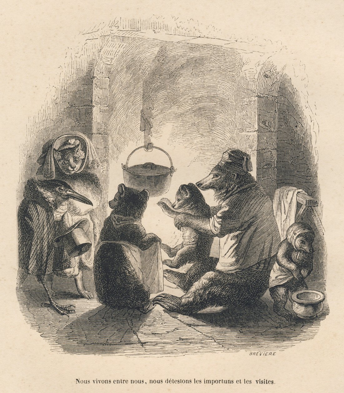 To besøgende kommer for at genere bjørnefamilien, der sidder foran pejsen, hvori en gryde hænger ved et stativ. Miniaturer illustreret af JJ Granville. Gravering signeret Breviere i delen med titlen "L