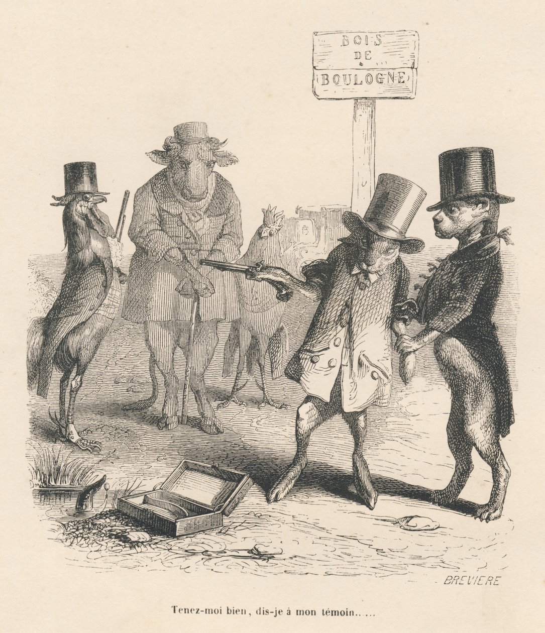 Duel i Bois de Boulogne. Miniaturer illustreret af JJ Granville. Gravering signeret Breviere i delen "Historien om en hare" skrevet af PJ Stahl i "Scener fra dyrenes private og offentlige liv". Paris, J. Hetzel og Paulin af Grandville