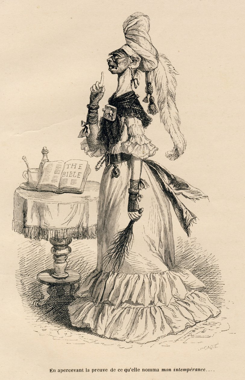 At se beviser for, hvad hun kaldte min uopholdenhed. Miniaturer illustreret af JJ Granville. Gravering signeret Caque i delen med titlen "Court pains of an English cat" skrevet af Honore de Balzac i "Scener fra det private og offentlige liv i af Grandville