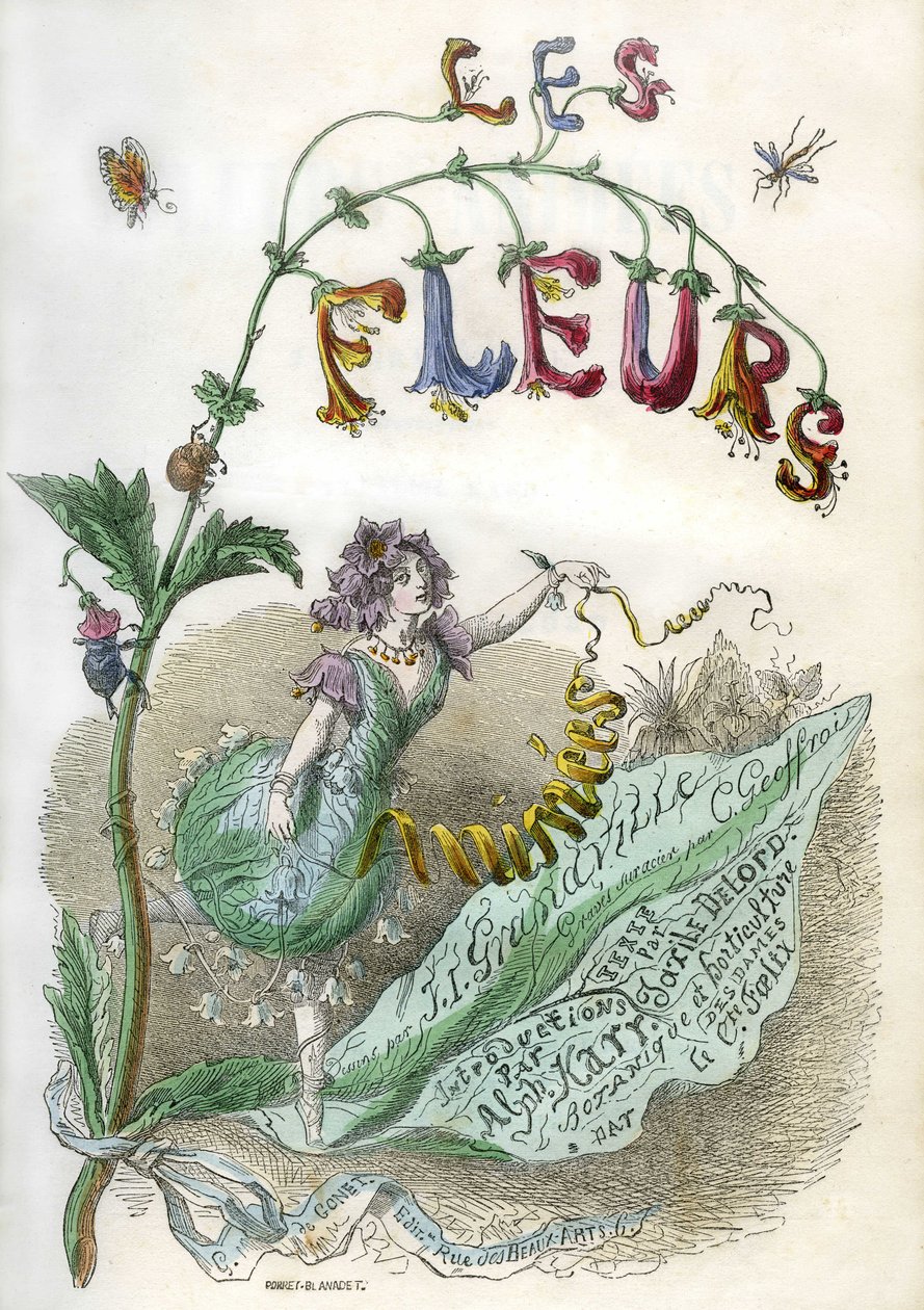 Forsiden af bogen "Les Fleurs animees", illustreret af Grandville, koloreret kobberstik med stencil. Gonet-udgave 1857 af Grandville (1803 47)