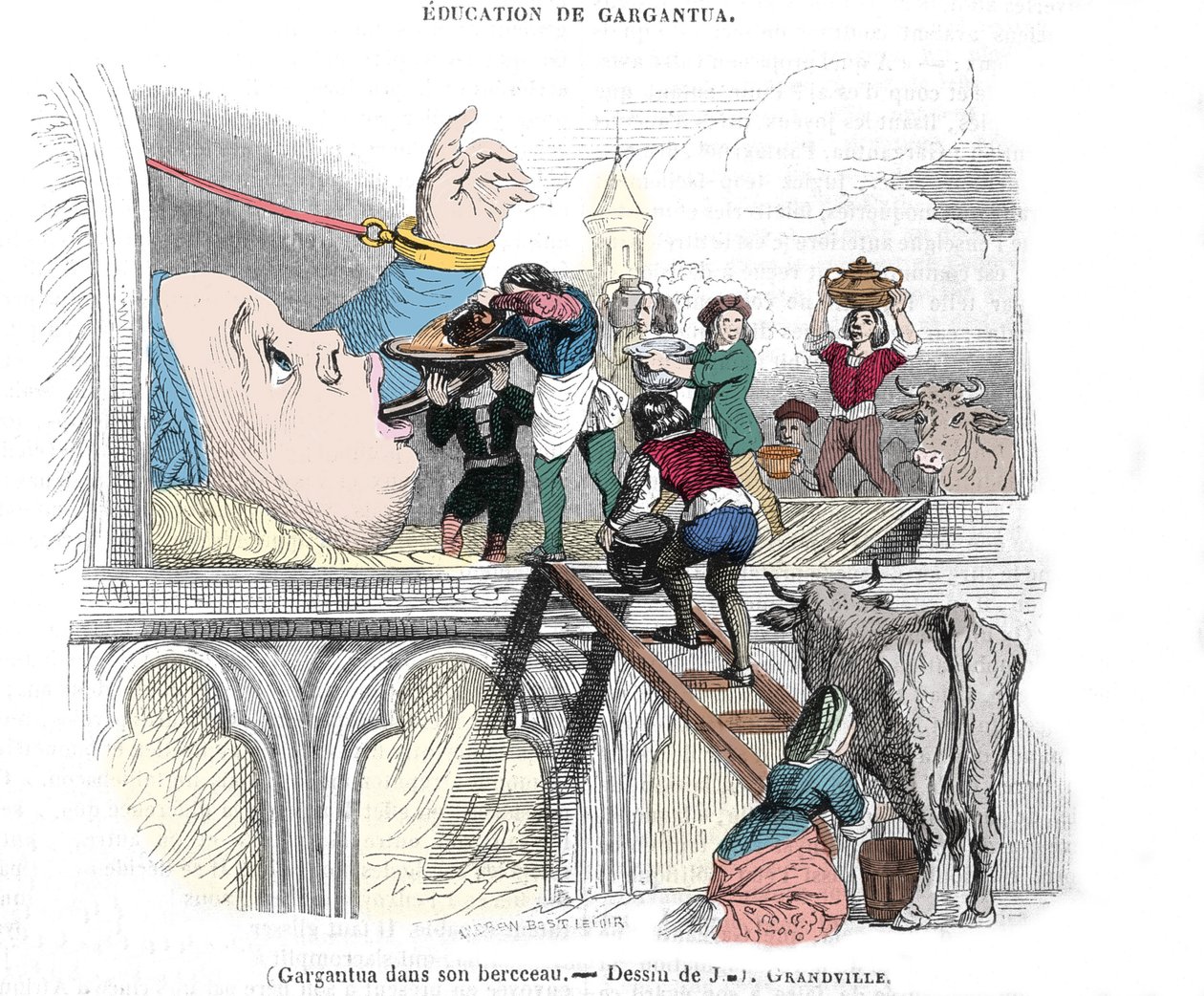 Gargantua karakter af romanerne af Francois Rabelais (1483-1553), fransk forfatter: "" Uddannelsen af Gargantua""" Gargantua i sin vugge. Illustration af Gerard Grandville (1803-1847) 1800-tallet af Grandville