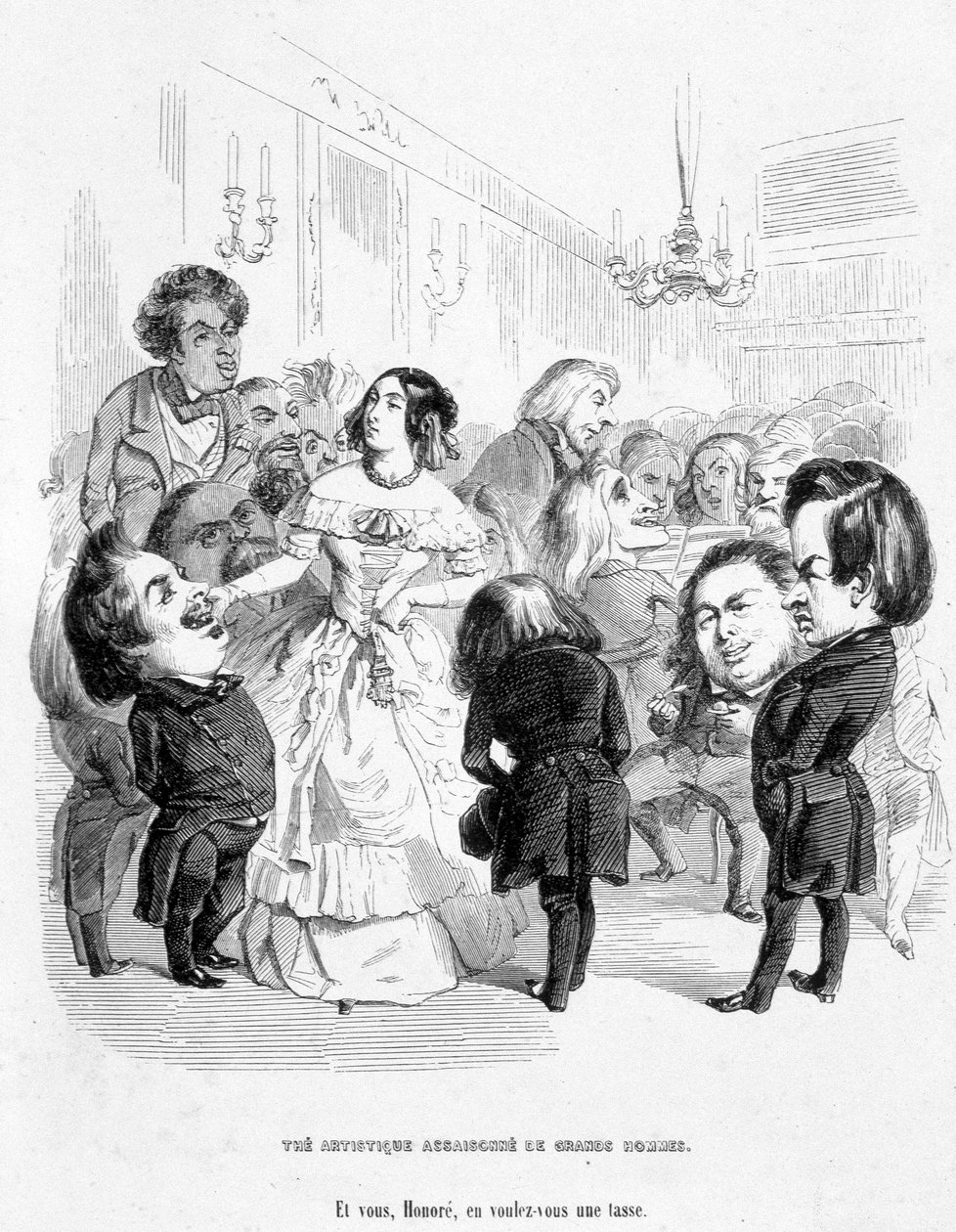 George Sand (Aurore Dupin, Baronne Dudevant) (1804-1876) omgivet af 4 forfattere: Eugene Sue, Honore de Balzac, Franz Litz og Victor Hugo - i "In search of a social position" af Jerome Paturot af Grandville