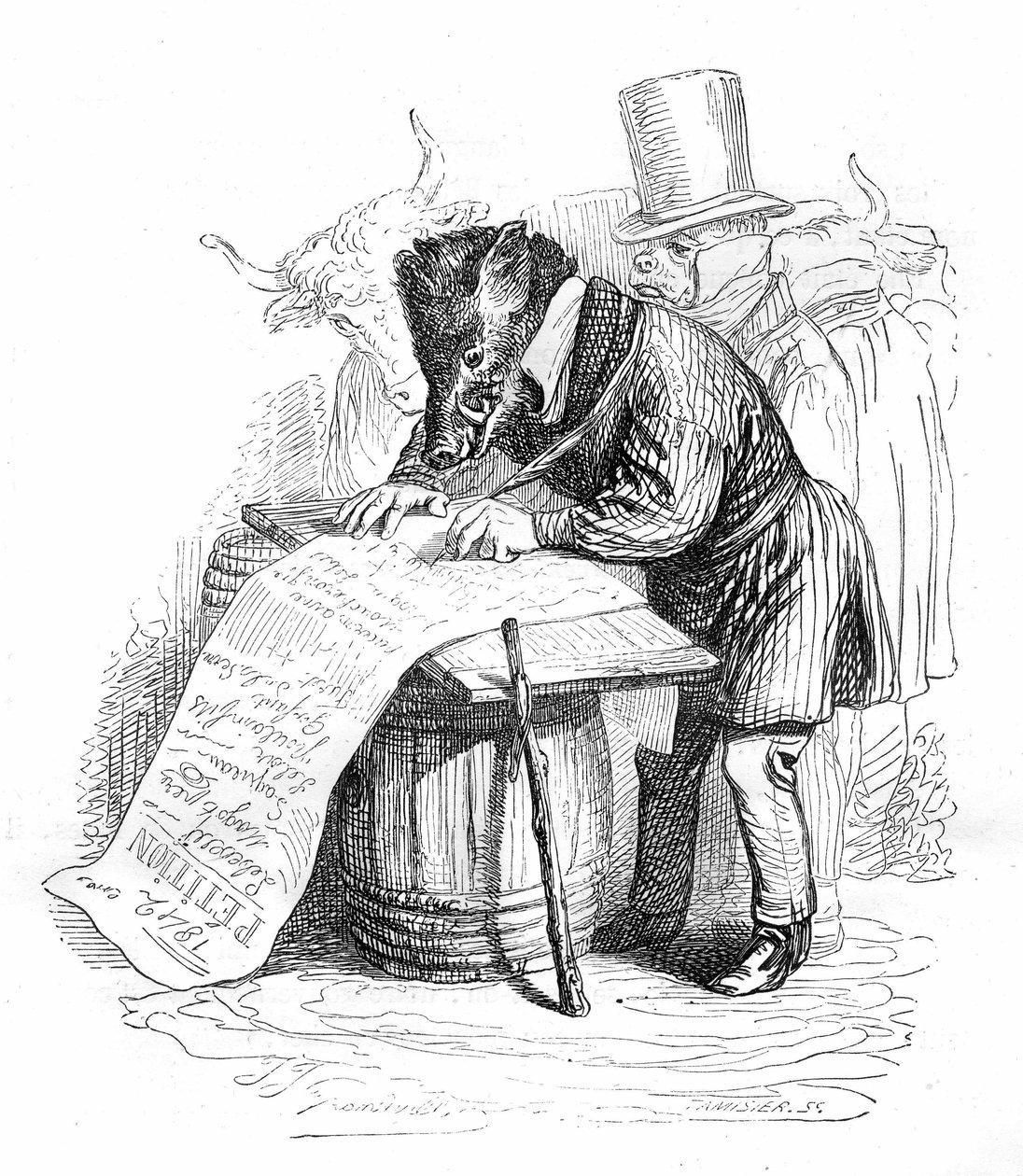 Grandville-stik fra bogen "Dyrenes private og offentlige liv (Les animaux peints par eux memes)", Hetzel-udgaven 1867 - Karikatur: vildsvin, der skriver et andragende. af Grandville (1803 47)
