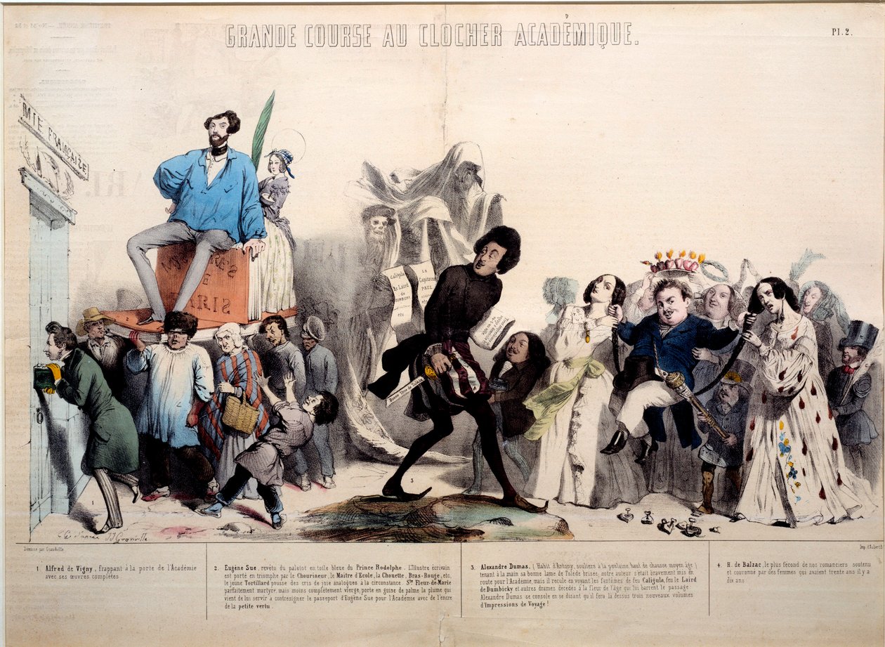 Fantastisk kapløb til det akademiske klokketårn. Forfatterne Alfred de Vigny (1797-1863), Eugene Sue (1804-1857), Alexandre Dumas (1802-1870) og Honore de Balzac (1799-1850) anerkendes. Gravering af Gerard Grandville (1803-1847) af Grandville