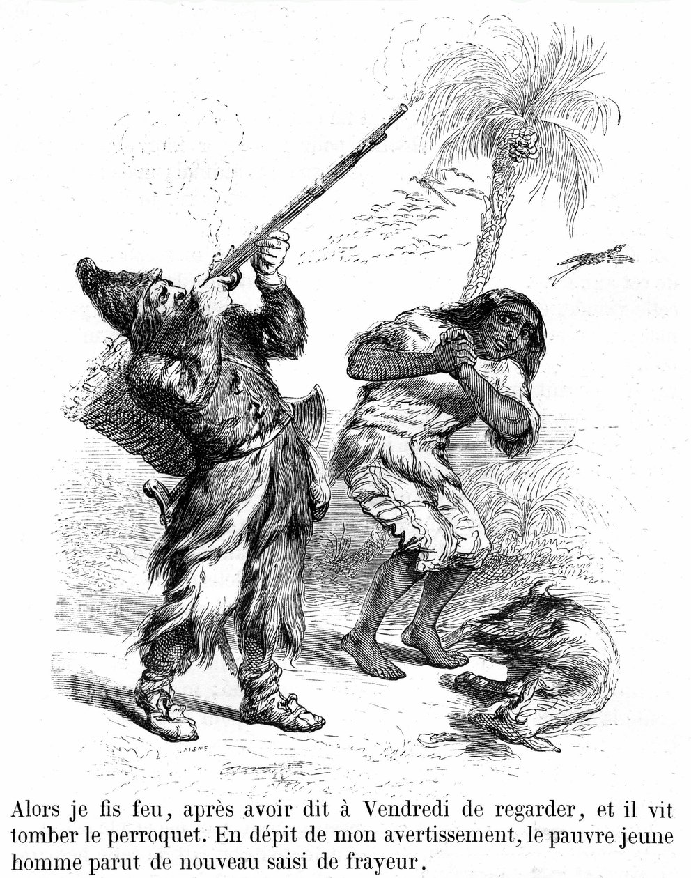 Illustration af romanen Robinson Crusoe af Daniel de Foe (DeFoe) af Grandville - edition Garnier 1869 s193. Robinson skyder med en riffel foran Frighy Friday. af Grandville (1803 47)