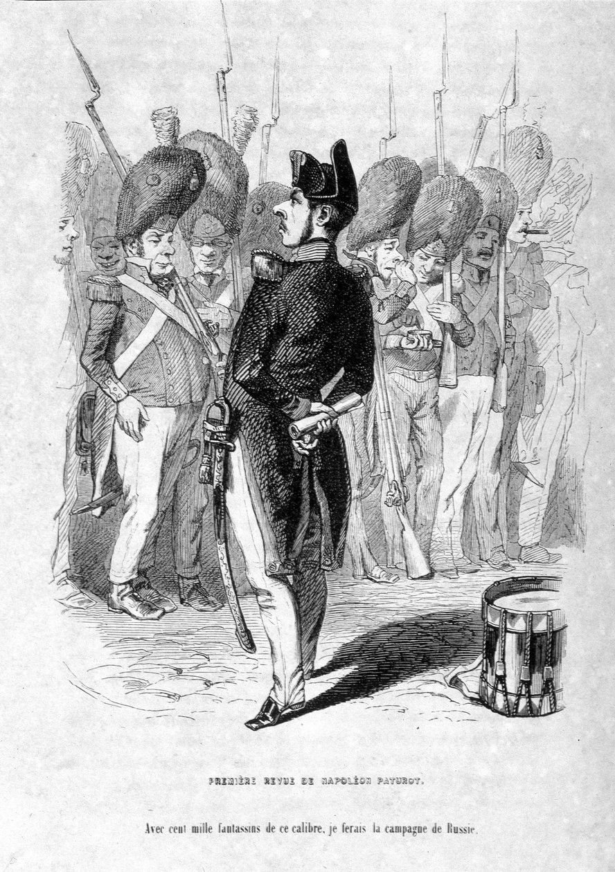Jerome Paturot en Napoleon med ambitionen om at erobre Rusland. I "" Jérôme Paturot på jagt efter en social position"" af Louis Reybaud af Grandville