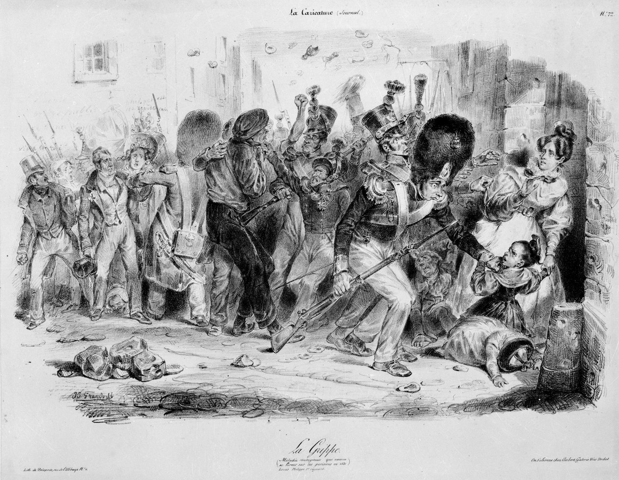 La Flu (influenza): smitsom sygdom, der udøver sin raseri på pariserne i 1831 - gravering af Grandville i "La caricature"" af Grandville