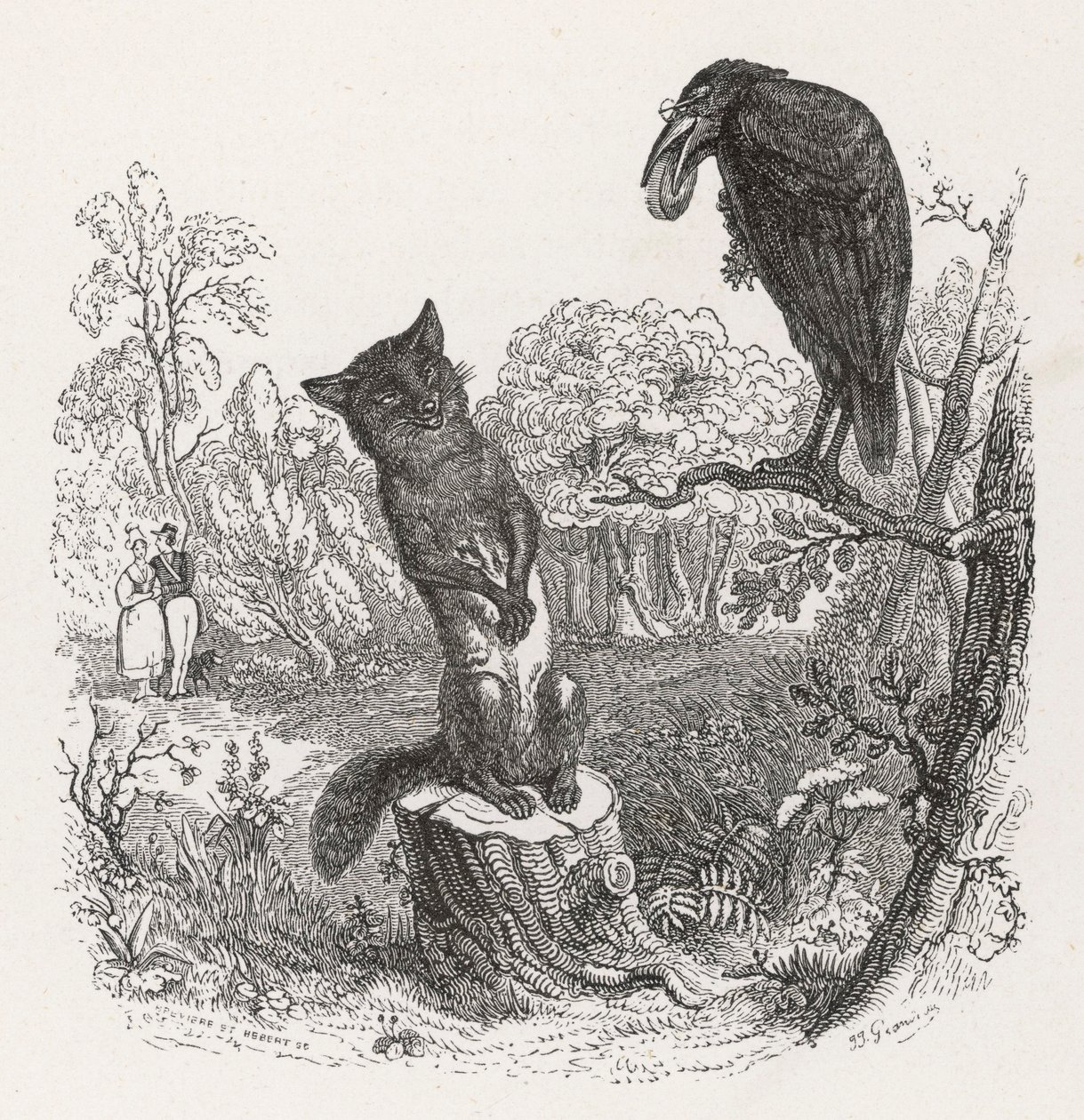 La Fontaines fabel: Kragen og ræven, ca. 1860 (kobberstik) af Grandville (1803 47)