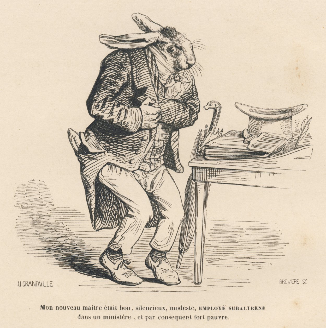 Kanin som yngre ansat i et ministerium. Vignetter illustreret af JJ Granville. Gravering signeret Breviere i delen "History of a Hare" skrevet af PJ Stahl i "Scener af dyrenes private og offentlige liv". Paris, J. Hetzel og Paulin af Grandville