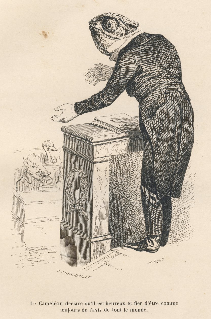 Cameleonen erklærer, at han er glad og stolt over at være som altid i alles øjne. Illustrerede vignetter af JJ Granville. Gravering signeret af Caque i prologen med titlen "Resume parlementaire" skrevet af PJ Stahl i "Scenes de la vie privee et af Grandville