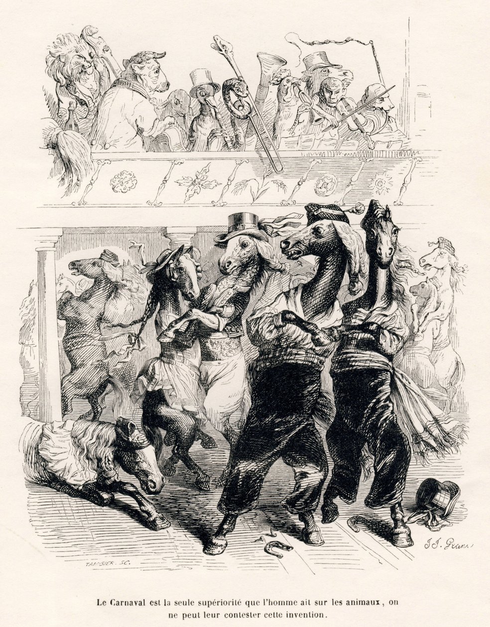 Hestekarnevalet. Miniaturer illustreret af JJ Granville. Gravering signeret Tamisier i delen med titlen "En afrikansk løves rejse til Paris" skrevet af Honore de Balzac i "Scener fra dyrenes private og offentlige liv". Paris, J. Hetzel og Paul af Grandville