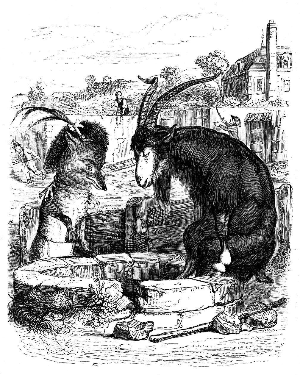 Le fox et le goat: fabel af La Fontaine illustreret af Grandville. af Grandville (1803 47)