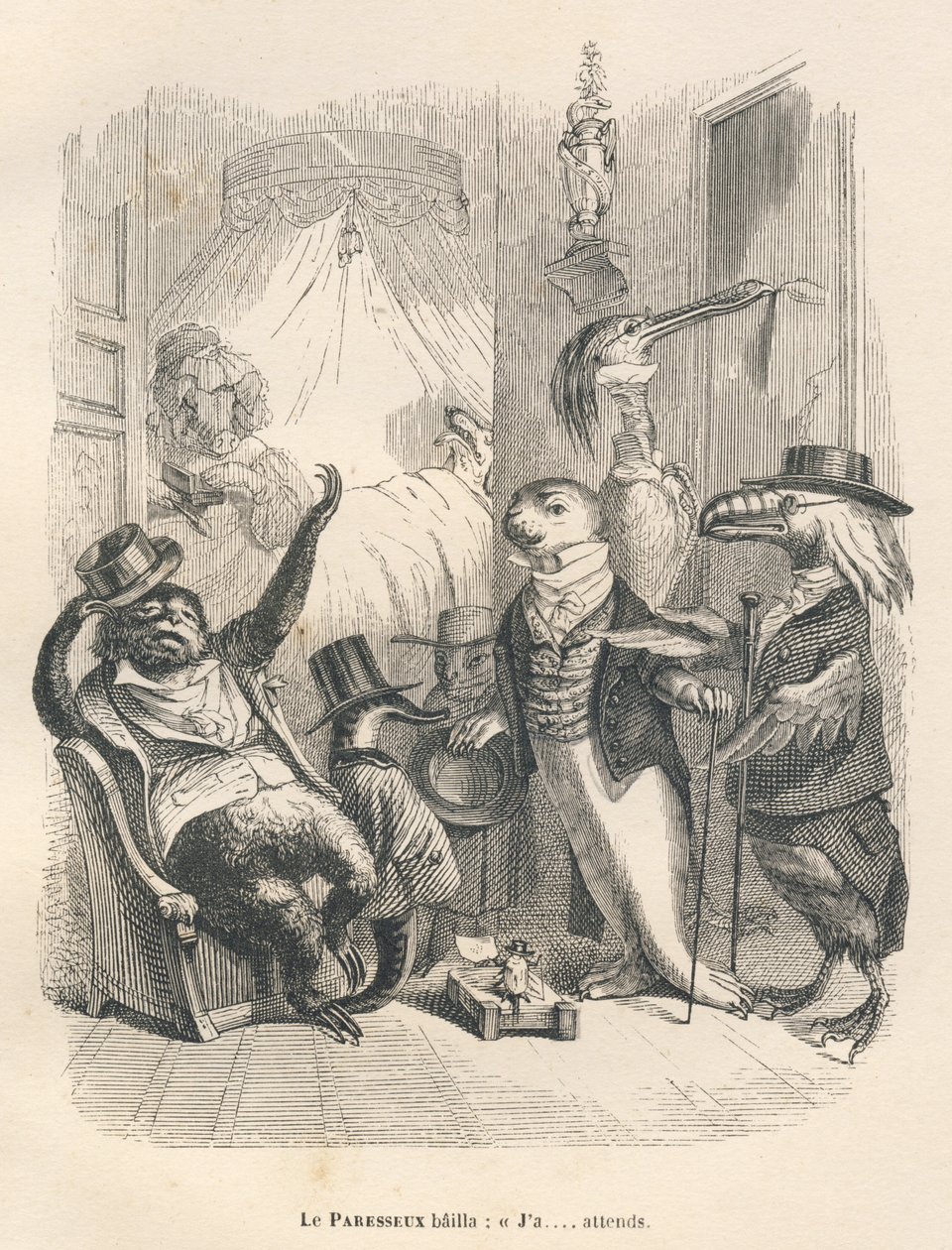 Den dovne mand gabte, at han ventede. Vignetter illustreret af JJ Granville. Gravering signeret Godard i den del med titlen "Les animaux medecins" skrevet af Pierre Bernard i "Scenes de la vie privee et publique des animaux". Paris, J. Hetzel et Paulin af Grandville