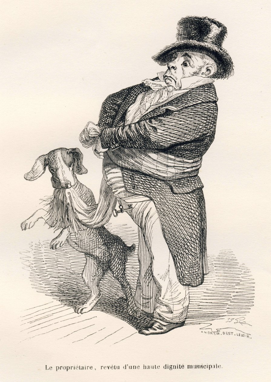 Ejeren, klædt i høj kommunal værdighed. Vignetter illustreret af JJ Granville. Gravering signeret Andrew, Best og Leloir i delen med titlen "En ræv fanget i fælden" skrevet af Charles Nodier i "Scener fra årenes private og offentlige liv af Grandville