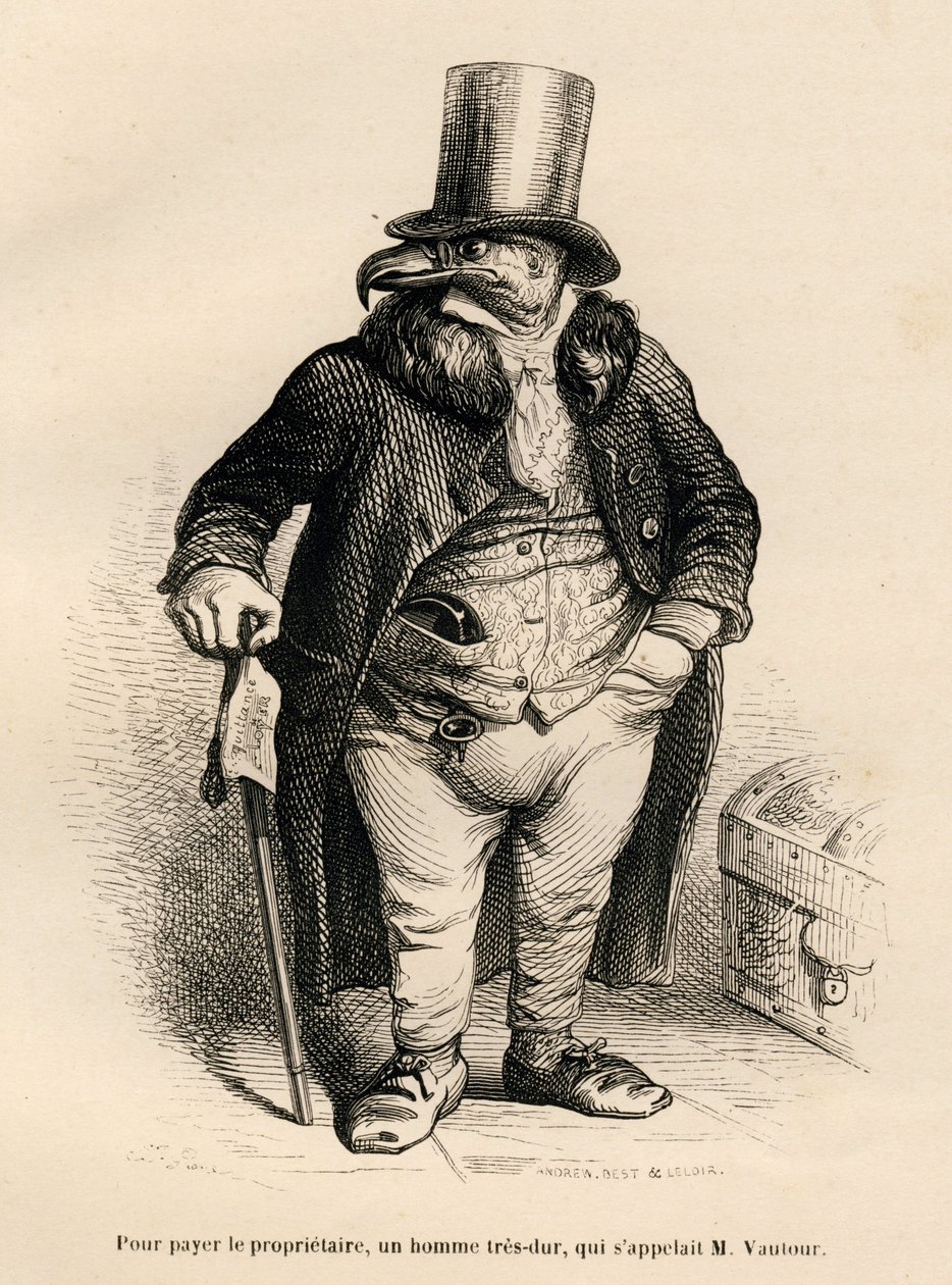 Gribben som ejendomsejer. Miniaturer illustreret af JJ Granville. Gravering signeret Andrew, Best og Leloir i delen "History of a Hare" skrevet af PJ Stahl i "Scener fra dyrenes private og offentlige liv". Paris, J. Hetzel og Paulin af Grandville