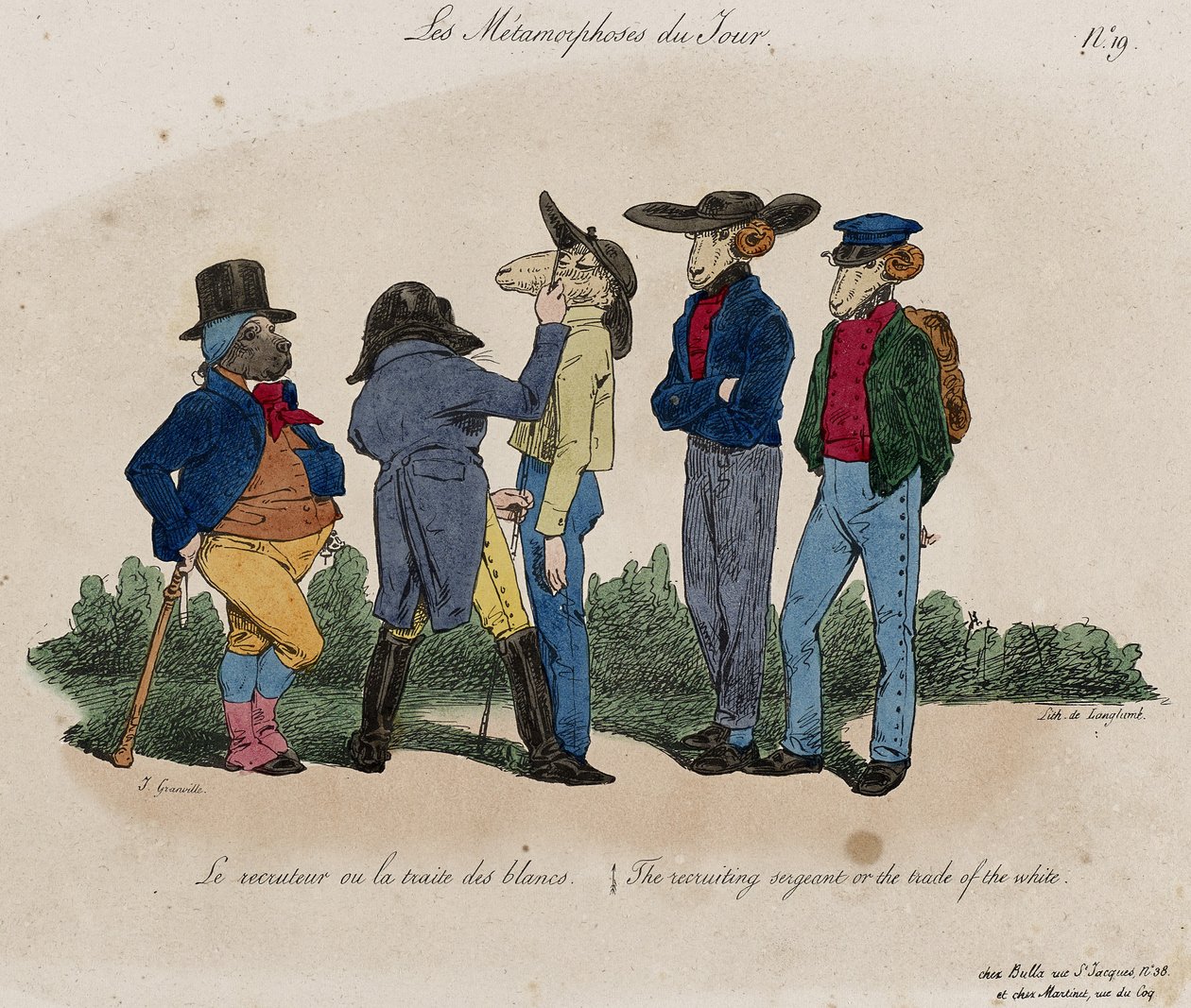 Les Metamorphoses du Jour, nr. 19 (håndfarvet litho) af Grandville