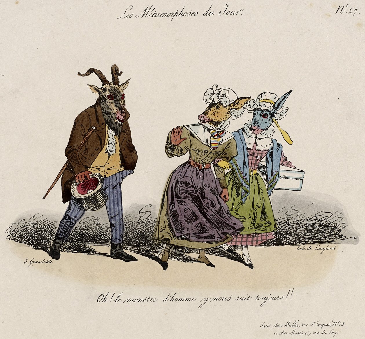 Les Metamorphoses du Jour, nr. 27 (håndfarvet litho) af Grandville
