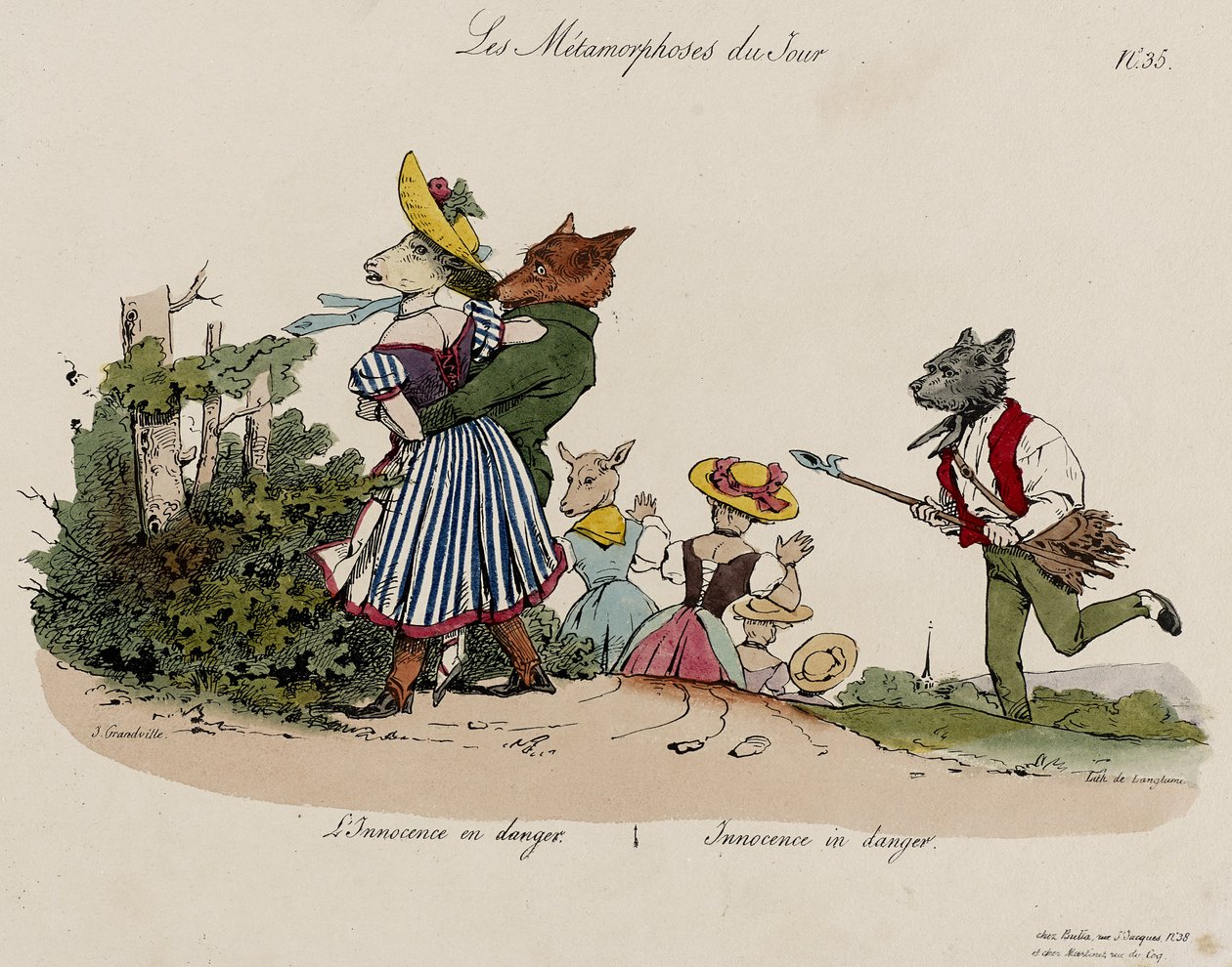 Les Metamorphoses du Jour, nr. 35 (håndfarvet litho) af Grandville