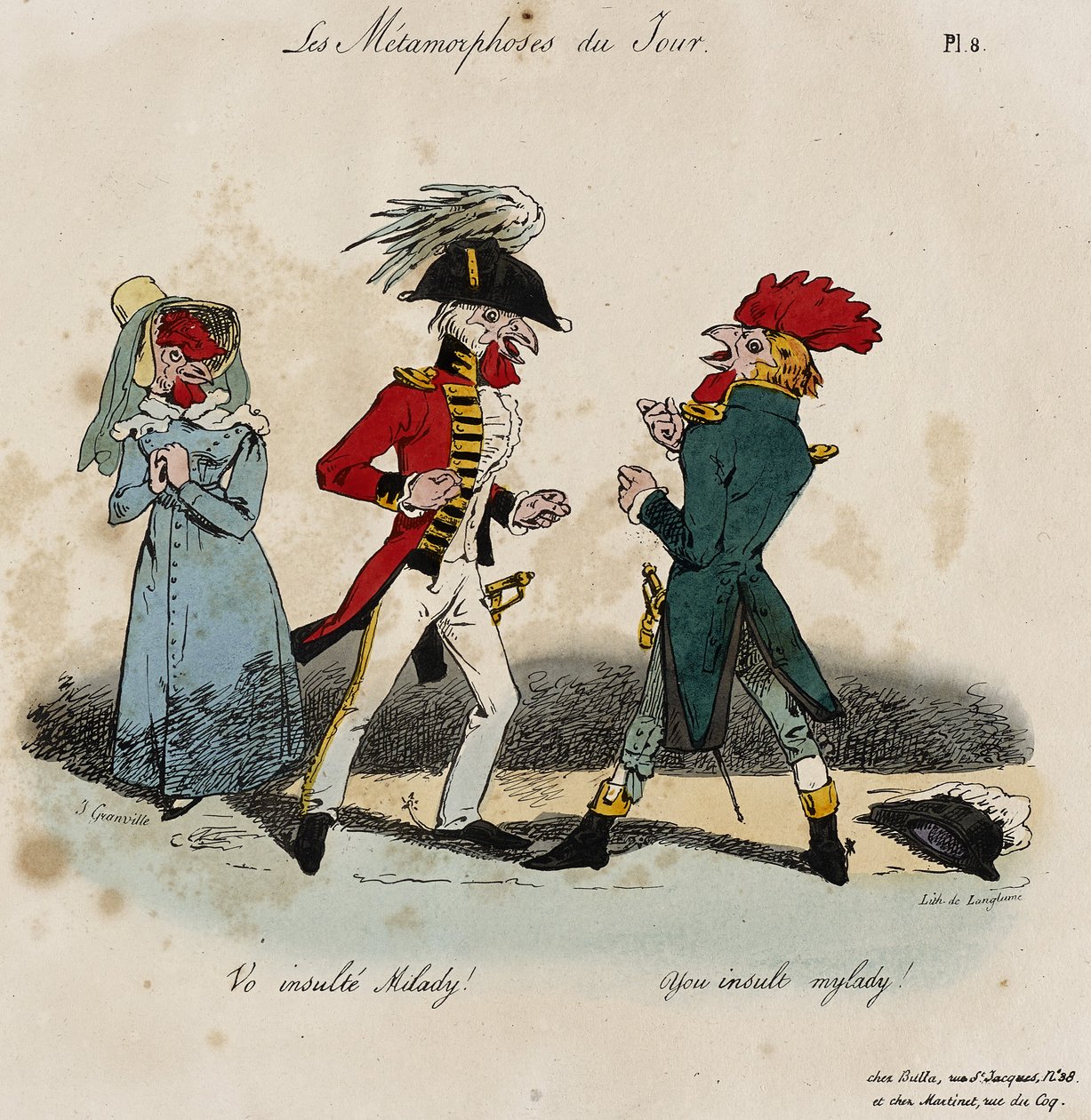 Les Metamorphoses du Jour, nr. 8 (håndfarvet litho) af Grandville