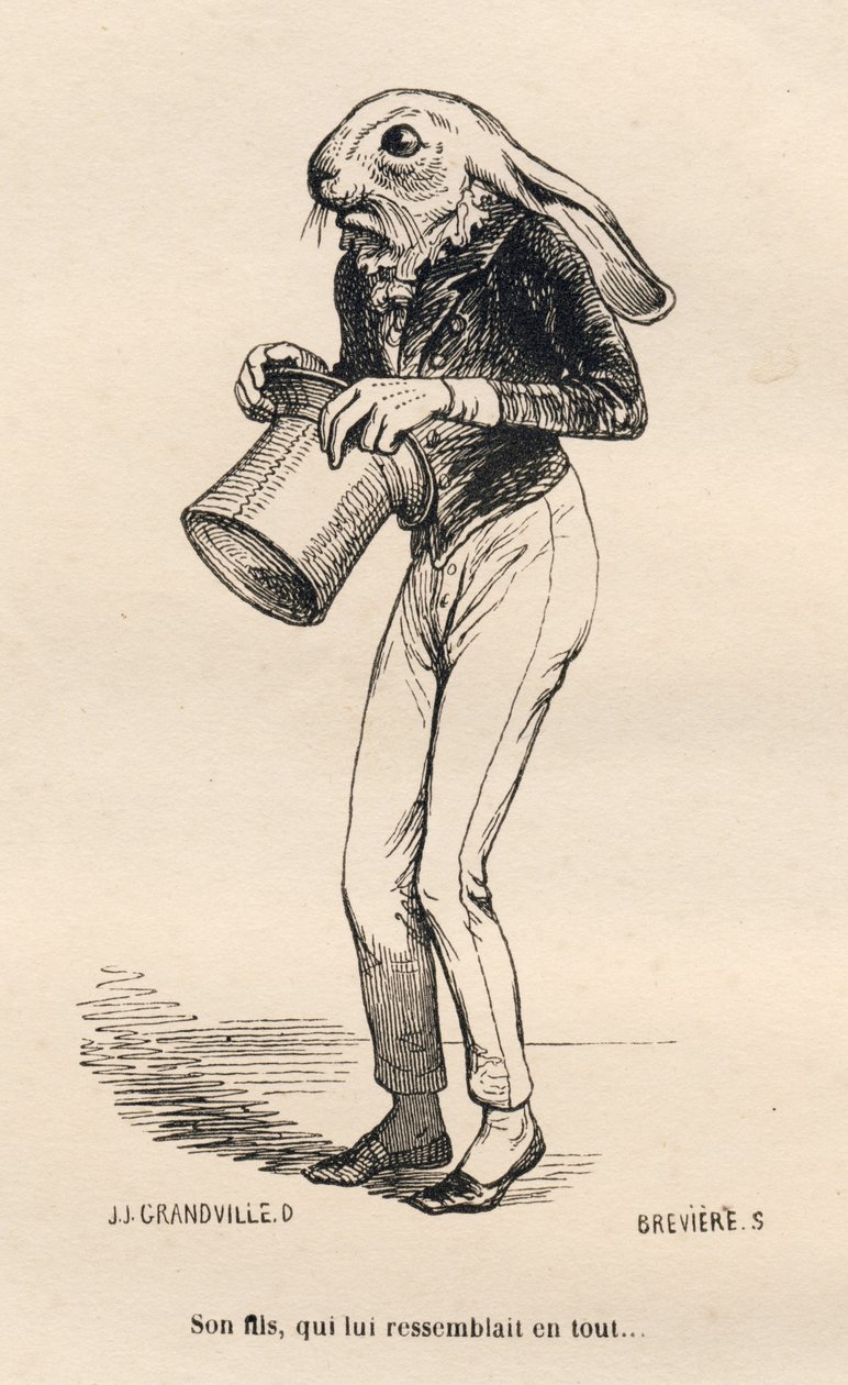 Feje Lievre i et dandy kostume. Vignetter illustreret af JJ Granville. Gravering signeret Breviere i delen "History of a Hare" skrevet af PJ Stahl i "Scener af dyrenes private og offentlige liv". Paris, J. Hetzel og Paulin af Grandville