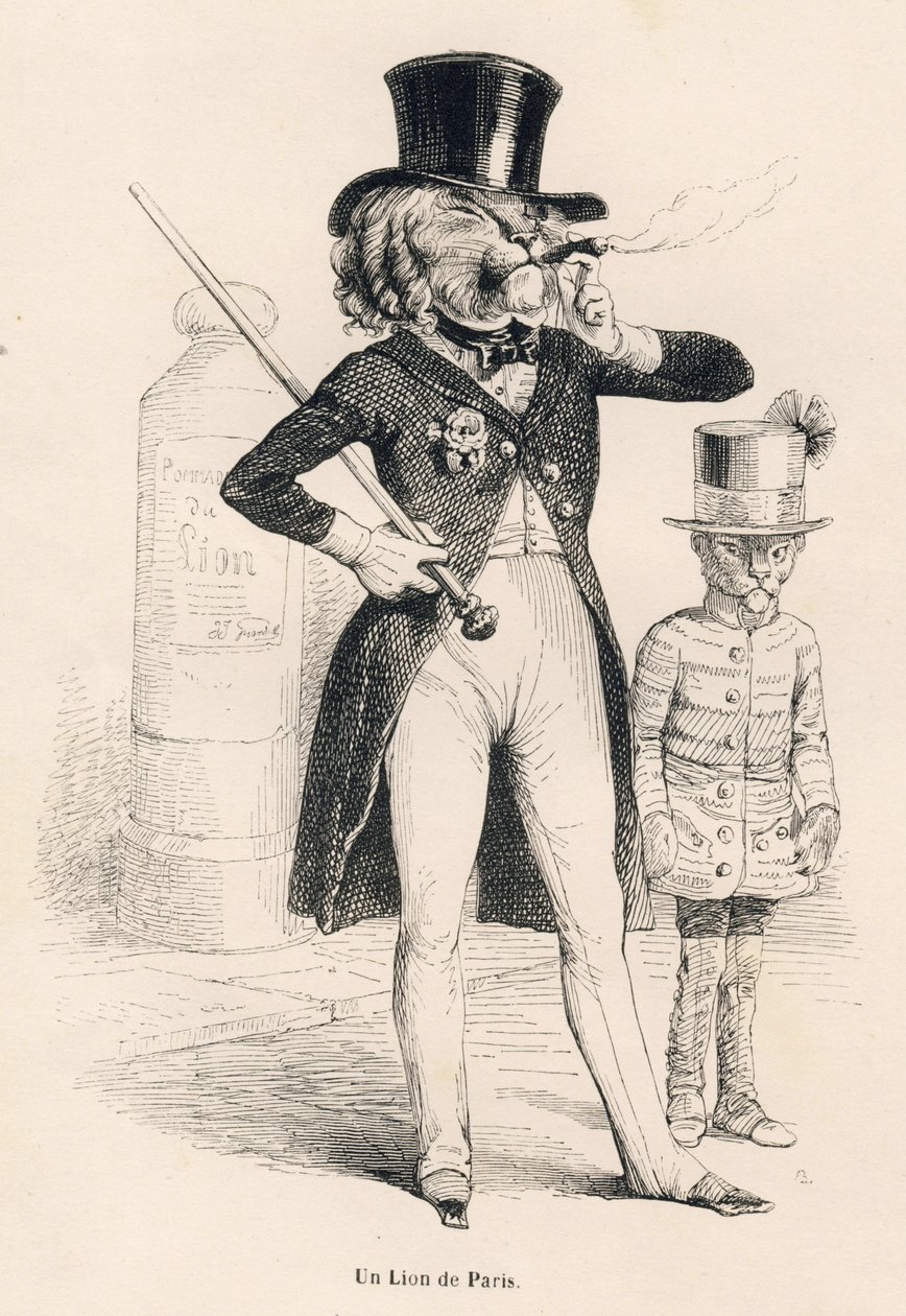 Løve af Paris. Vignetter illustreret af JJ Granville. Gravering signeret Andrew, Best og Leloir i delen med titlen "Voyage of an African Lion in Paris" skrevet af Honore de Balzac i "Scener af dyrenes private og offentlige liv". Paris, J. Hetzel og af Grandville