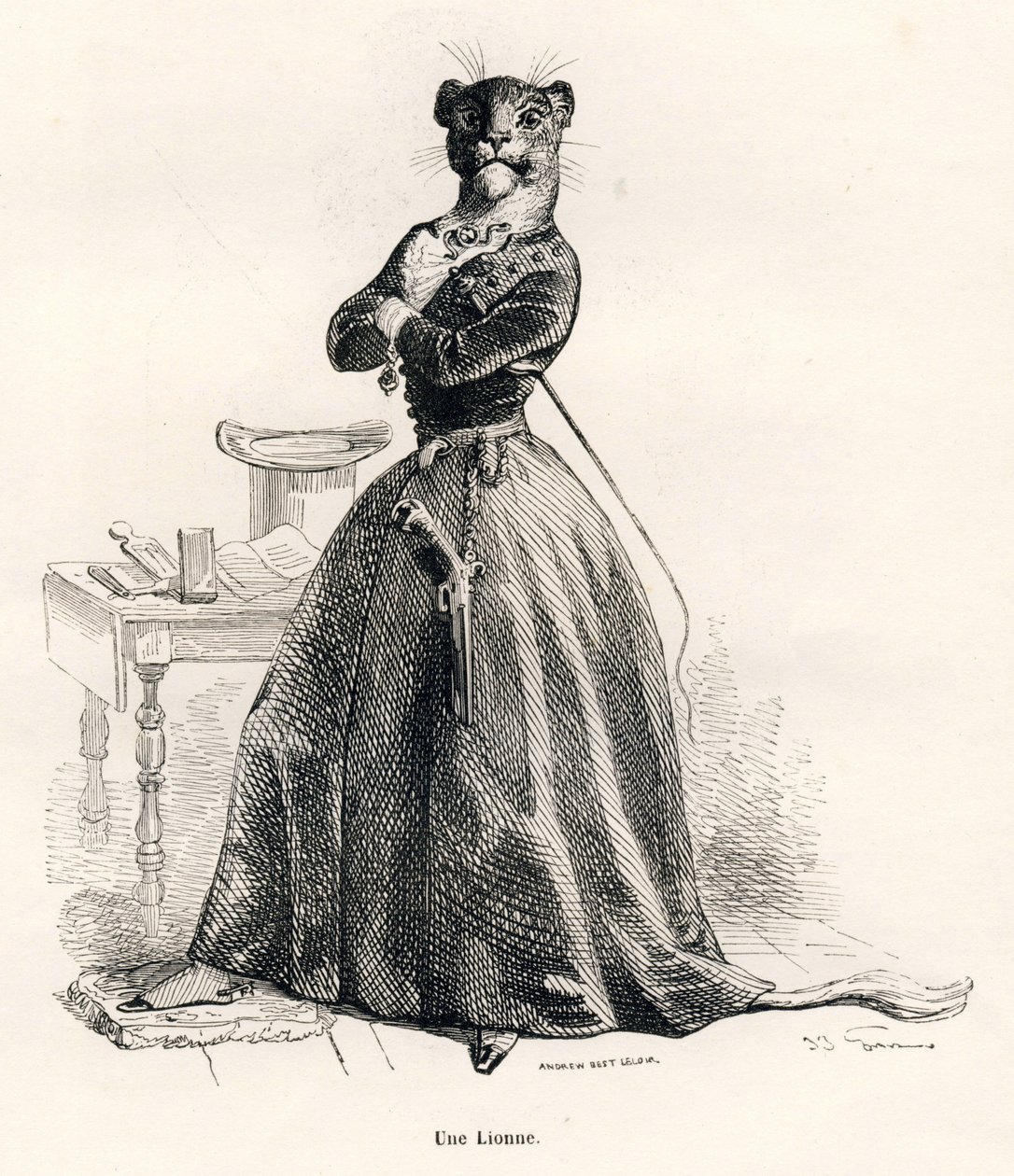 Løvinde med en pistol og en pisk. Vignetter illustreret af JJ Granville. Gravering signeret Andrew, Best og Leloir i delen med titlen "Voyage of an African Lion in Paris" skrevet af Honore de Balzac i "Scener af dyrenes private og offentlige liv" af Grandville