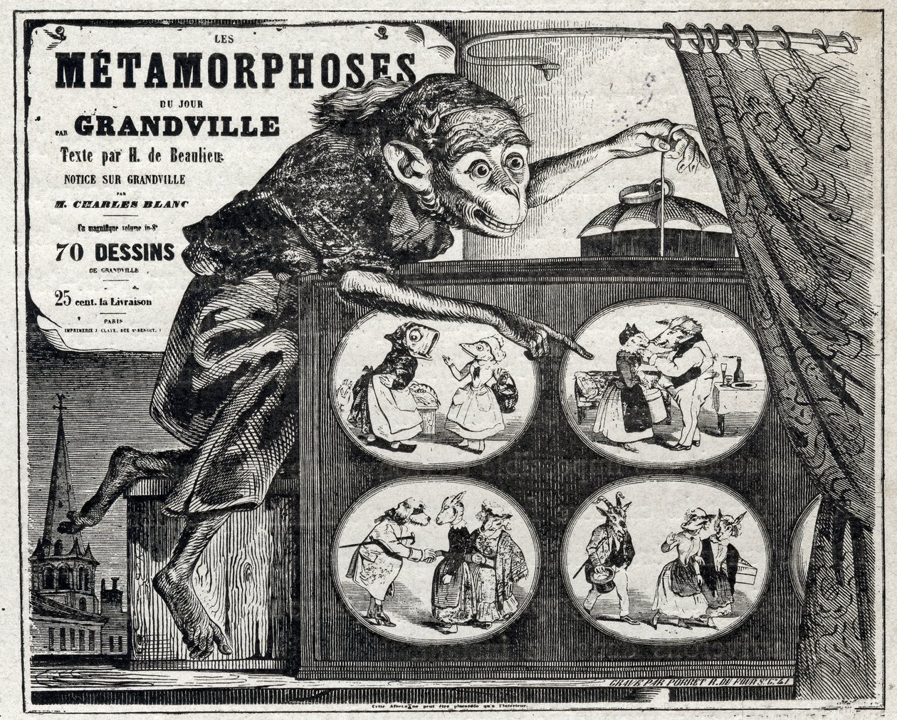 Litteratur. The Daily Metamorphosis, af karikaturtegneren Jean Jacques Grandville. Plakat, Frankrig af Grandville