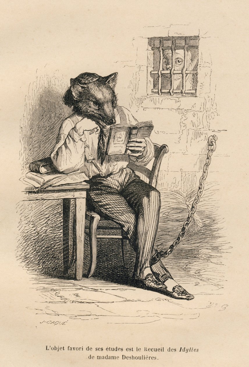Ulv læser i et fængsel. Miniaturer illustreret af JJ Granville. Gravering signeret Caque i delen med titlen "Criminal Court of Animal Justice" skrevet af Emile de La Bedolliere i "Scener fra dyrenes private og offentlige liv". Paris, J. Hetzel af Grandville