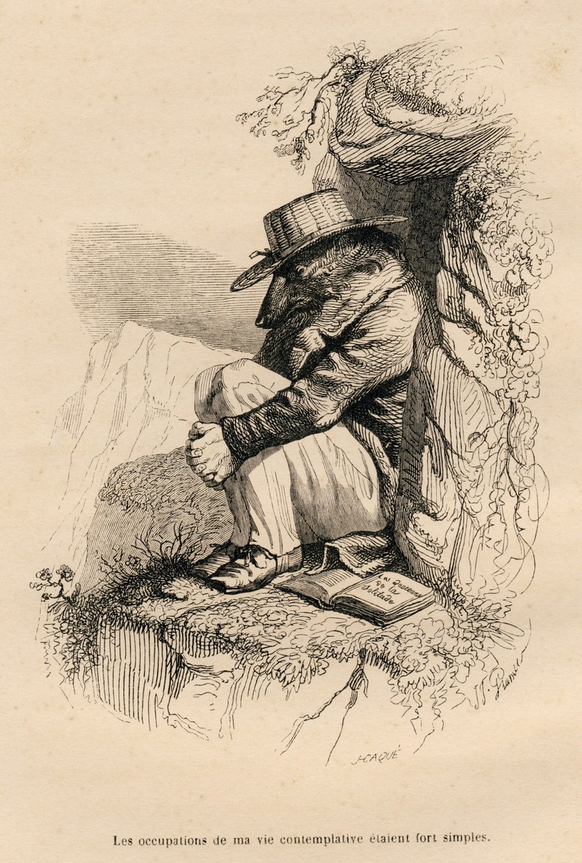 Loup forskanset sig i sin kontemplative ensomhed. Miniaturer illustreret af JJ Granville. Gravering signeret Caque i delen med titlen "Bjørnen eller Brevet skrevet fra bjerget" skrevet af L. Baude i "Scener fra dyrenes private og offentlige liv". Paris, J. af Grandville