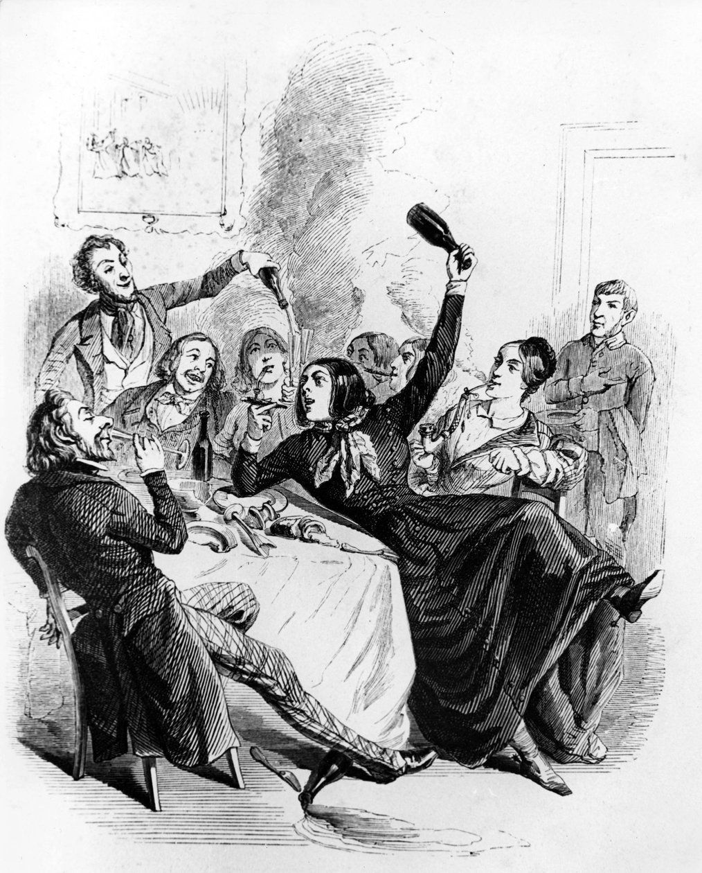 Frokost med drenge fra de 2 køn: mænd og kvinder, der drikker alkohol og ryger, tegning af Jean Ignace Isidore aka JJ Grandville af Grandville (1803 47)