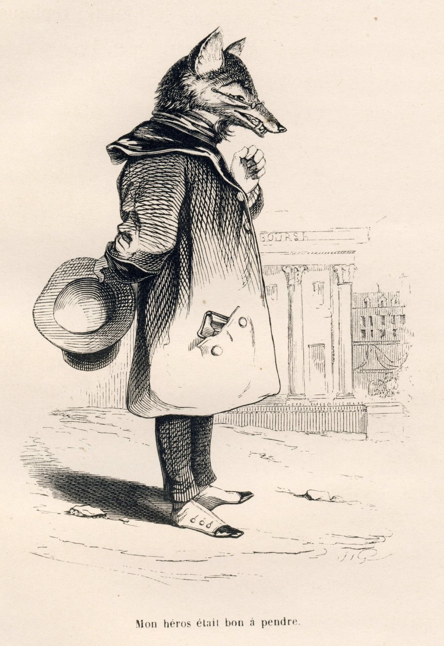 Min helt var god at tage. Vignetter illustreret af JJ Granville. Gravering signeret Godard i afsnittet med titlen "En ræv fanget i en fælde" skrevet af Charles Nodier i "Scener af dyrenes private og offentlige liv". Paris, J. Hetzel og Paulin af Grandville