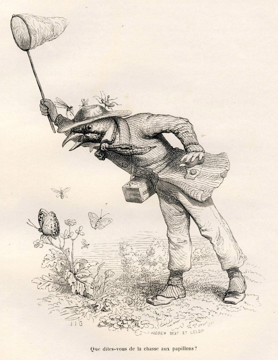 Fugle jagter sommerfugle. Vignetter illustreret af JJ Granville. Gravering signeret Andrew, Best og Leloir i delen med titlen "En ræv fanget i fælden" skrevet af Charles Nodier i "Scener af dyrenes private og offentlige liv". Paris, J. Hetzel af Grandville