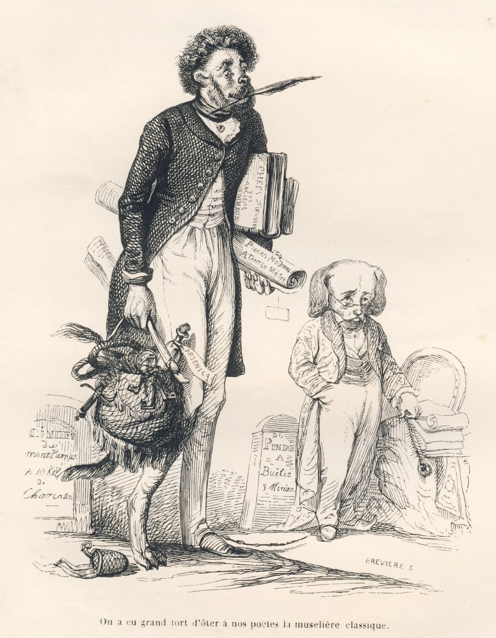 Det var en stor fejl at fjerne den klassiske mundkurv fra vores digtere. Illustrerede vignetter af JJ Granville. Gravering signeret Breviere i den del med titlen "Le premier feuilleton de Pistolet" skrevet af Jules Janin i "Scenes de la vie privee et publi af Grandville