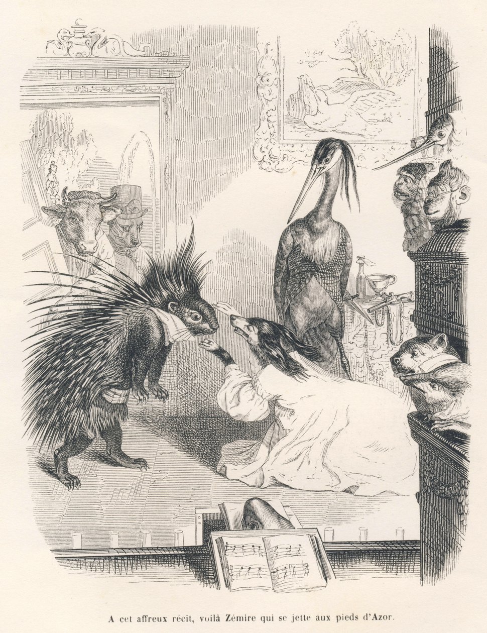 Opera med et pindsvin, en hund og en hejre på scenen. Vignetter illustreret af JJ Granville. Gravering signeret Godard i den del med titlen "Le premier feuilleton de Pistolet" skrevet af Jules Janin i "Scenes de la vie privee et publique des animaux". af Grandville