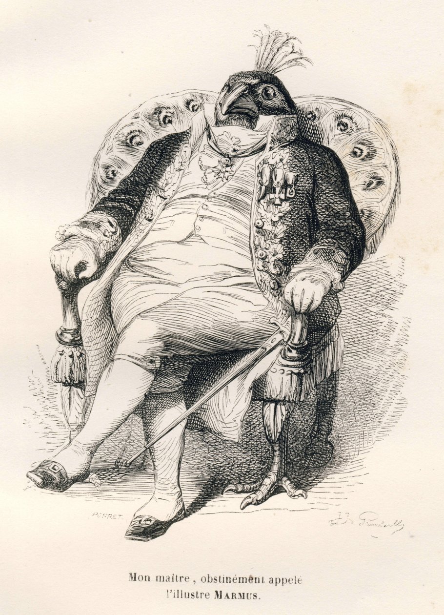 Påfugl sidder i sin stol. Vignetter illustreret af JJ Granville. Gravering signeret Porret i delen med titlen "Guide-æsel til brug for dyr, der ønsker at opnå hæder" skrevet af Honore De Balzac i "Scener af det private og offentlige liv i en af Grandville