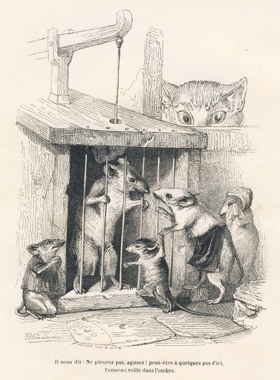 Trap: Kat ser efter mus, der er kommet for at sørge over den, der er blevet taget til fange. Miniaturer illustreret af JJ Granville. Gravering signeret Andrew, Best og Leloir i delen med titlen "The philosopher rat" skrevet af Edouard Lemoine i "Privatlivs af Grandville