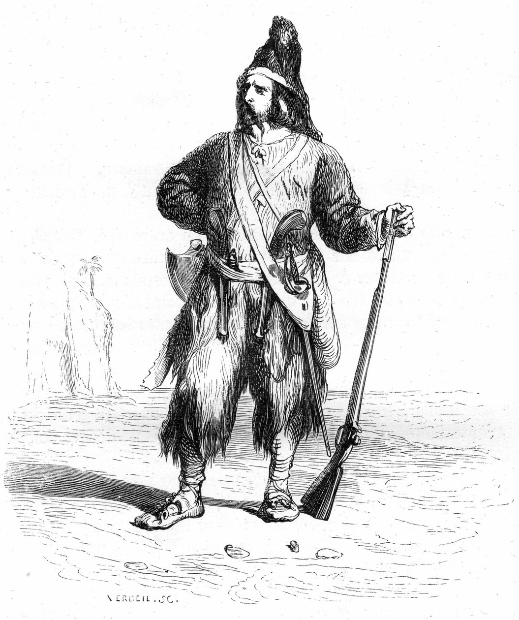 Portræt af Robinson Crusoe på sin øde ø med sin riffel og diverse våben i bæltet - Grandville-illustration af Daniel Defoes roman (De Foe) - Garnier-udgave 1869 s. 155. af Grandville (1803 47)