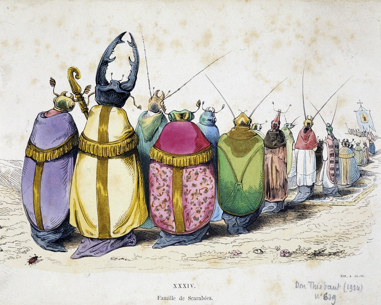 Procession af biller iført præstetøj - Antiklerisk tegneserie af Granville fra "The Metamorphoses of the Day" 1829 af Grandville