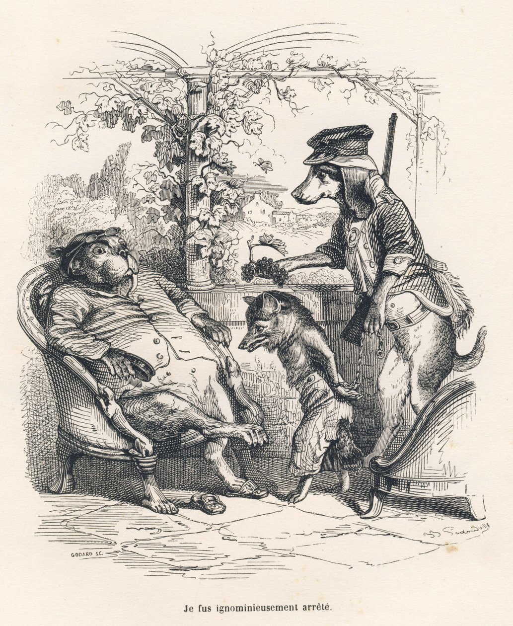 Fox stoppede ved en hund. Miniaturer illustreret af JJ Granville. Indgravering signeret Godard i delen med titlen "En ræv fanget" skrevet af Charles Nodier i "Scener fra dyrenes private og offentlige liv". Paris, J. Hetzel og Paulin af Grandville
