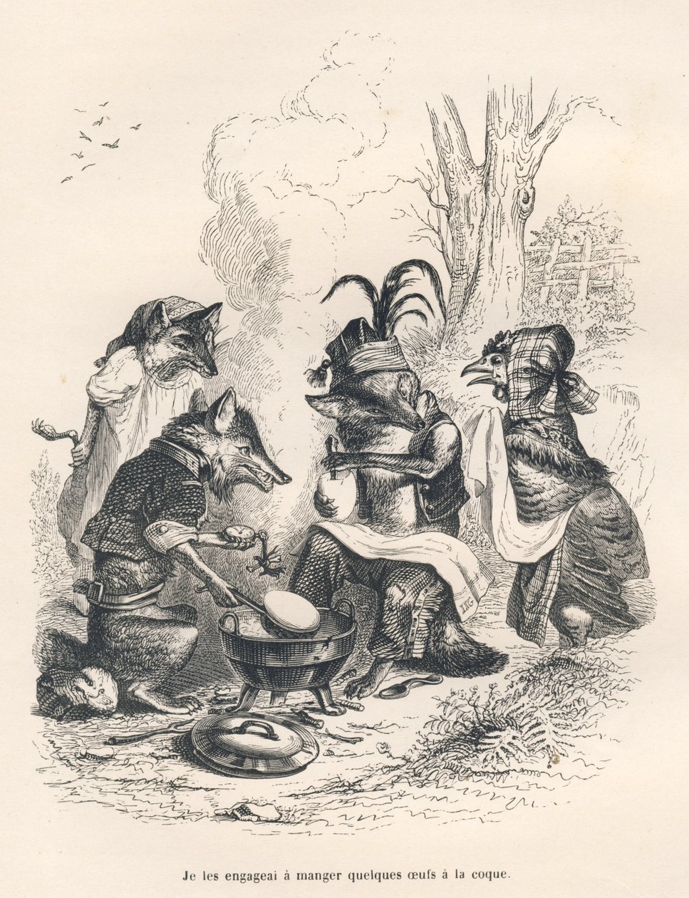 Ræve spiser haneæg foran en grædende høne. Vignetter illustreret af JJ Granville. Gravering signeret Godard i afsnittet med titlen "En ræv fanget i en fælde" skrevet af Charles Nodier i "Scener af dyrenes private og offentlige liv". af Grandville