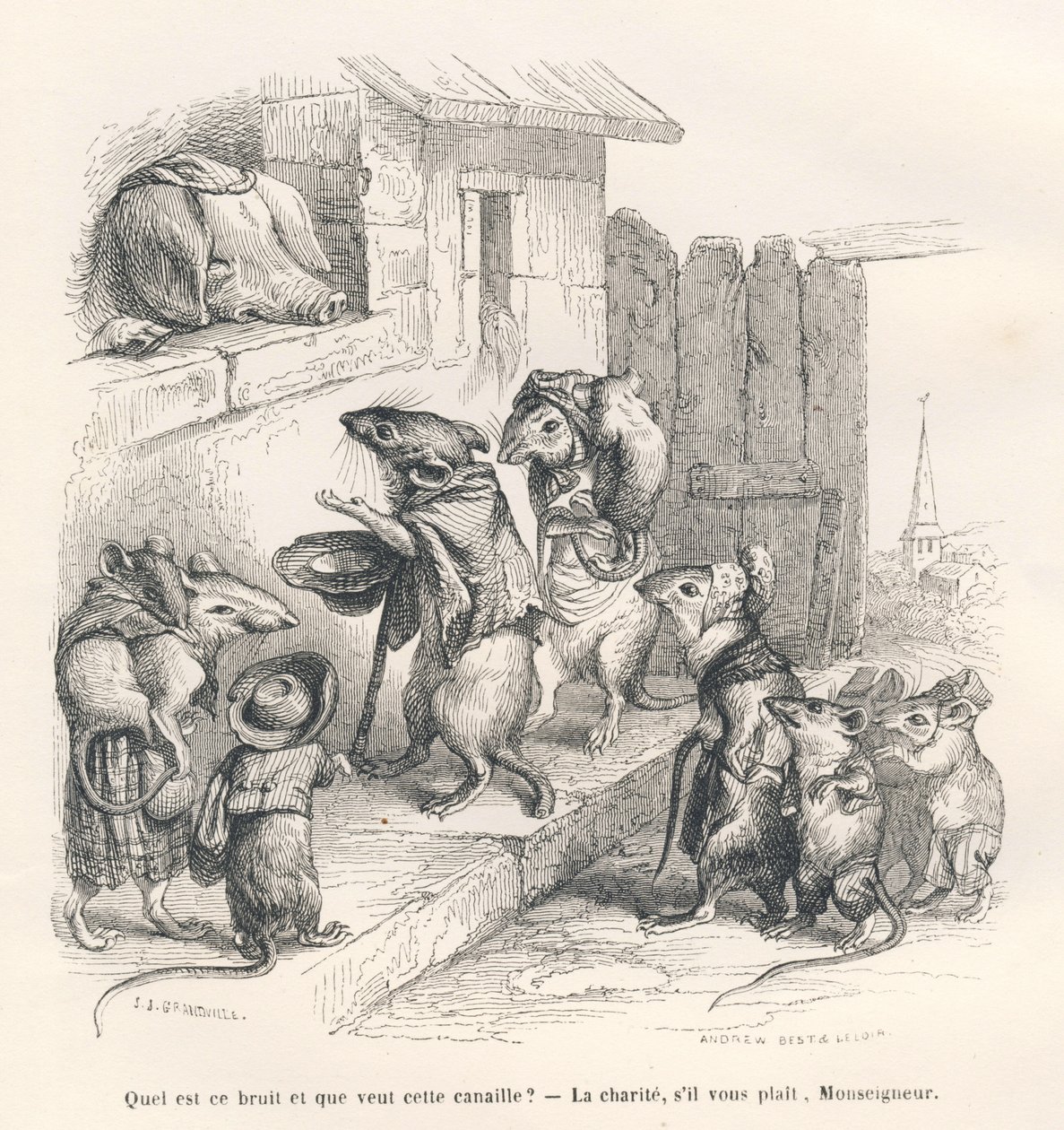 Mus, der giver velgørenhed til en gris. Vignetter illustreret af JJ Granville. Stikket er signeret Andrew, Best og Leloir i den del med titlen "Le rat philosophe" skrevet af Edouard Lemoine i "Scenes de la vie privee et publique des animaux". Paris, J. Het af Grandville