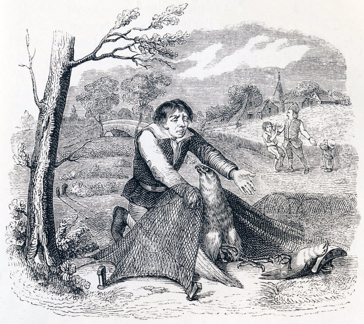 Fuglefangeren, gåhøgen og lærken - fabler af La Fontaine af Grandville