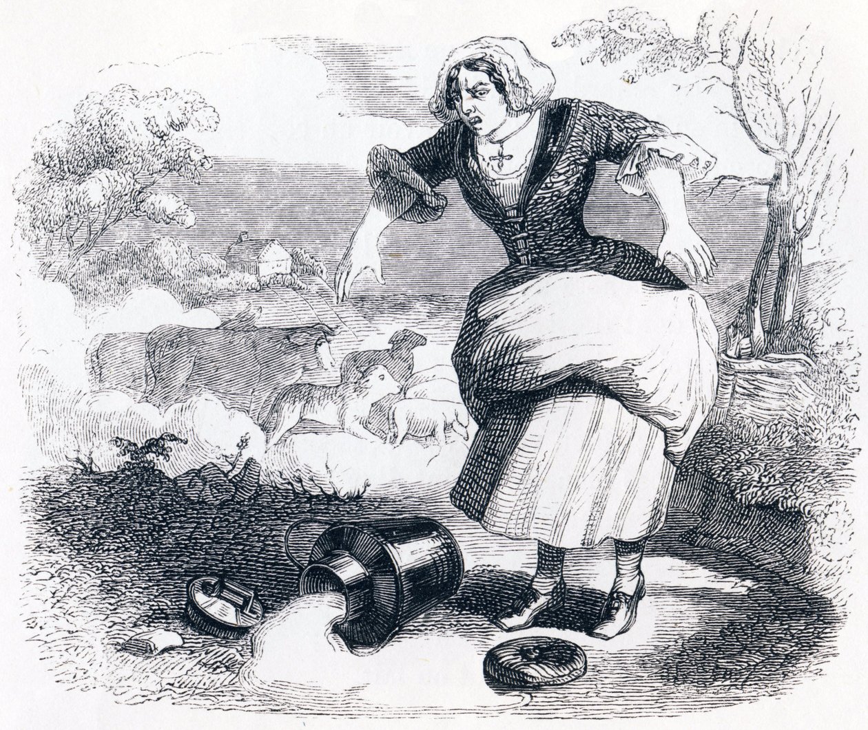 Mælkepigen og mælkekrukken (La laitiere et le pot au lait) - Fabler af La Fontaine af Grandville