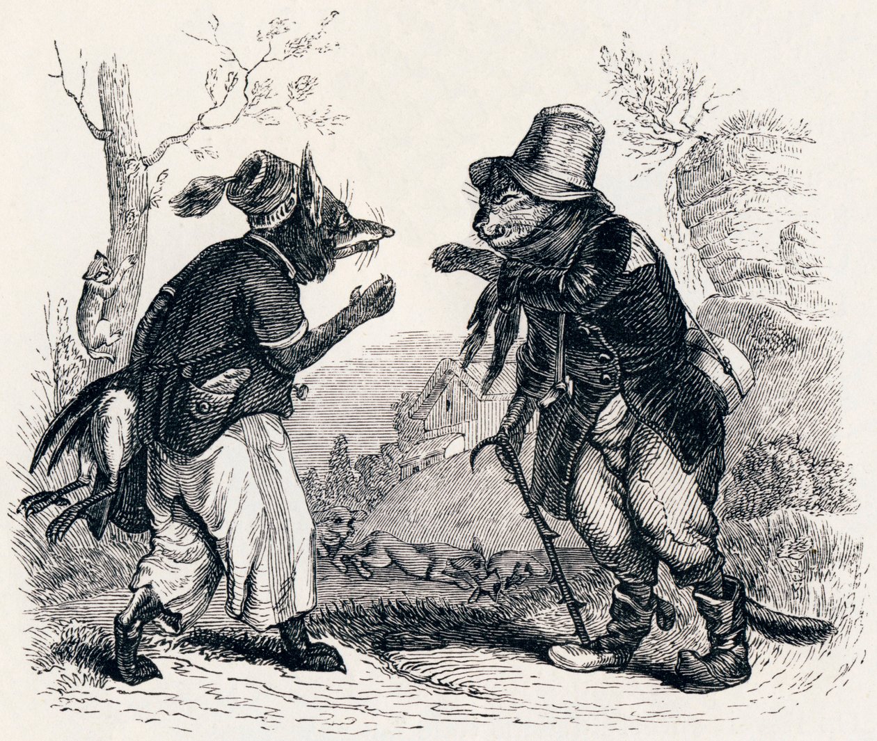 Katten og ræven (Le chat et le renard) - Fabler af La Fontaine af Grandville