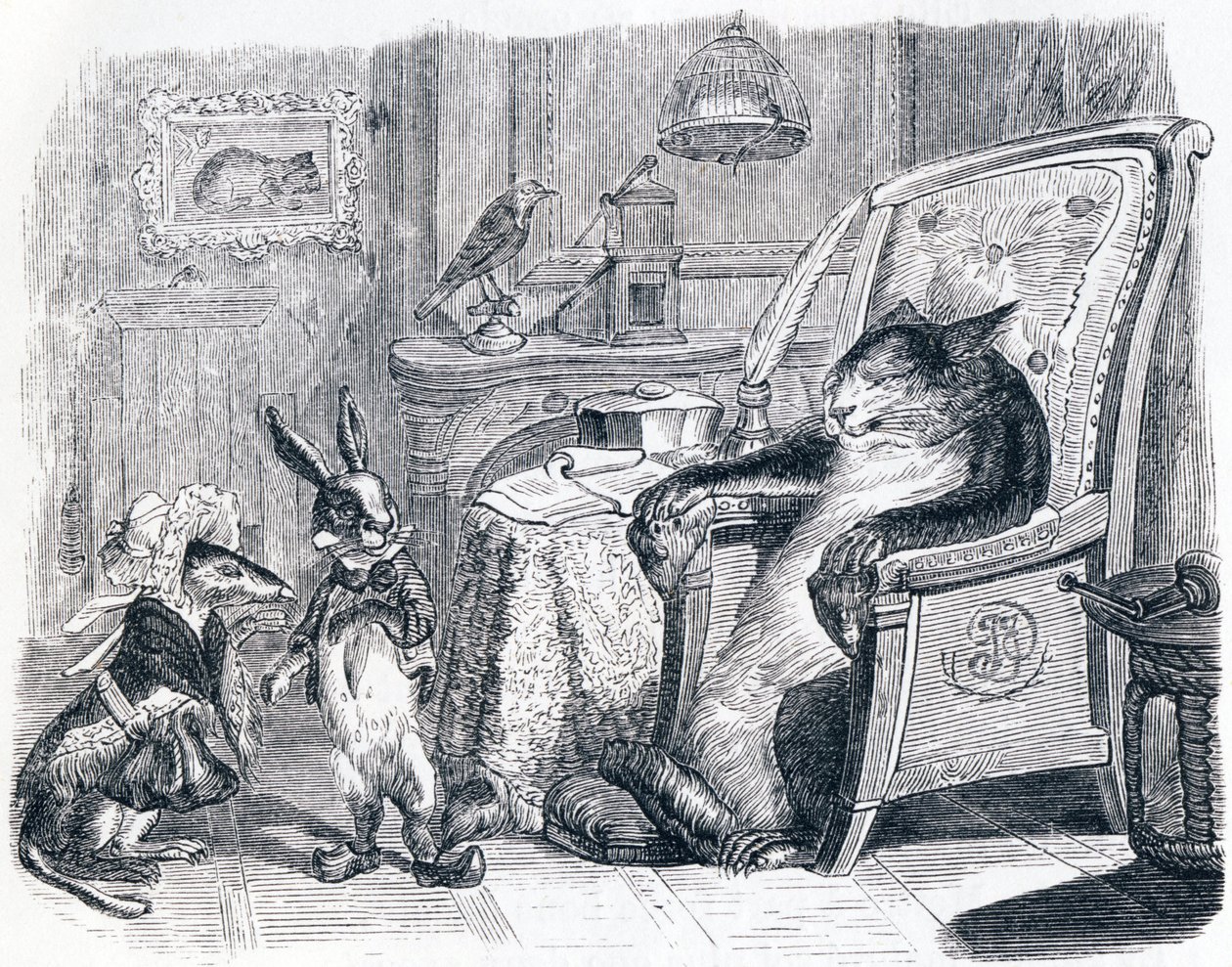 Katten, væselen og den lille kanin (Le chat, la belette et le petit lapin) - Fabler af La Fontaine af Grandville