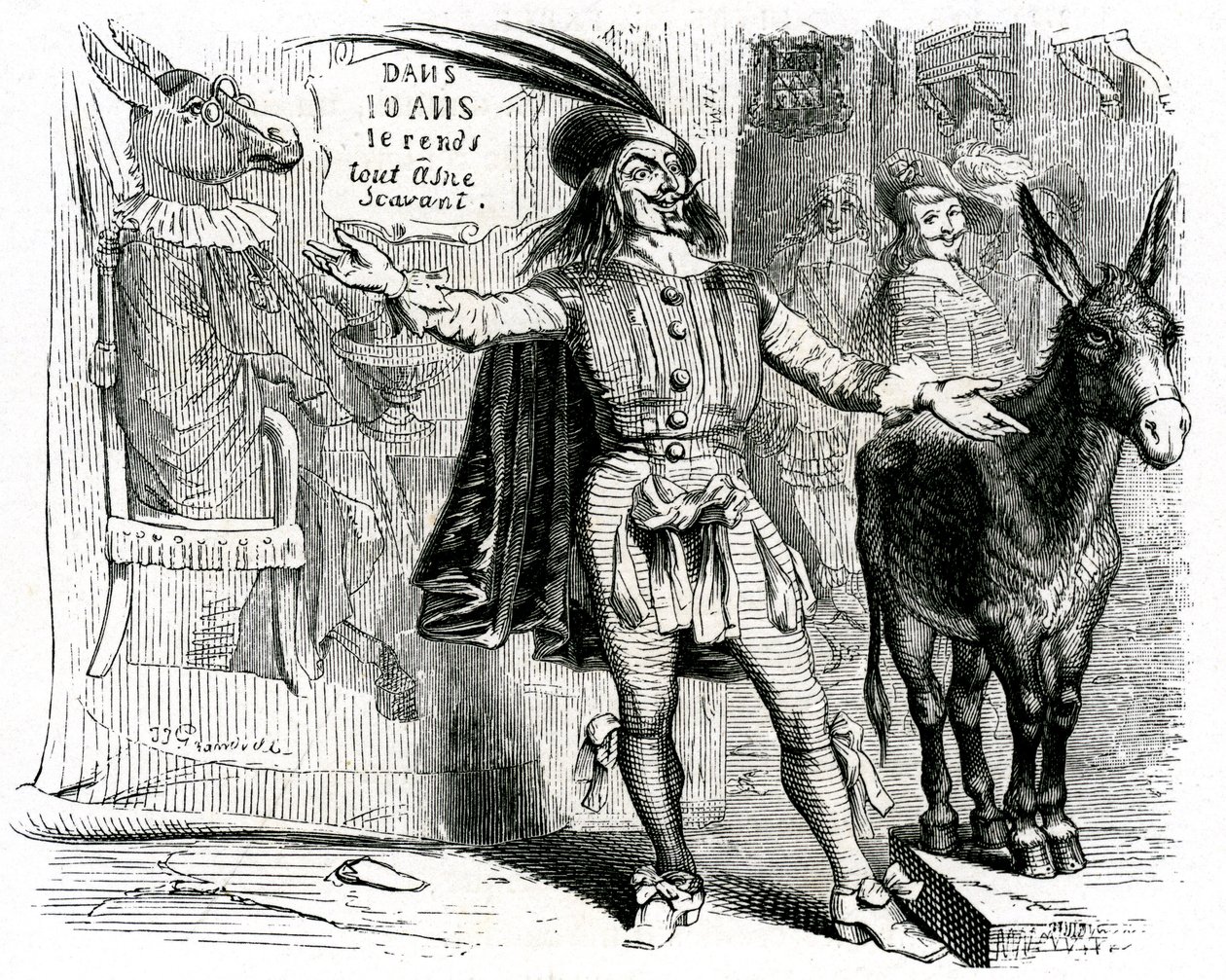Charlatanen: La Fontaine-fabel illustreret af Grandville. Edition Garnier 1860. Denne skipper gør det svært at gøre alle æsler til videnskabsmænd. af Grandville (1803 47)