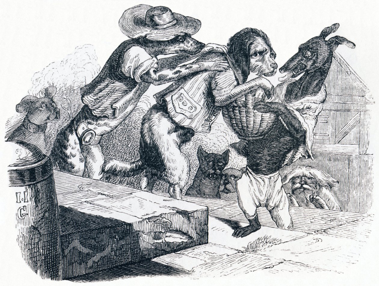 Hunden, der bærer sin herres mund på halsen - Fabler af La Fontaine af Grandville