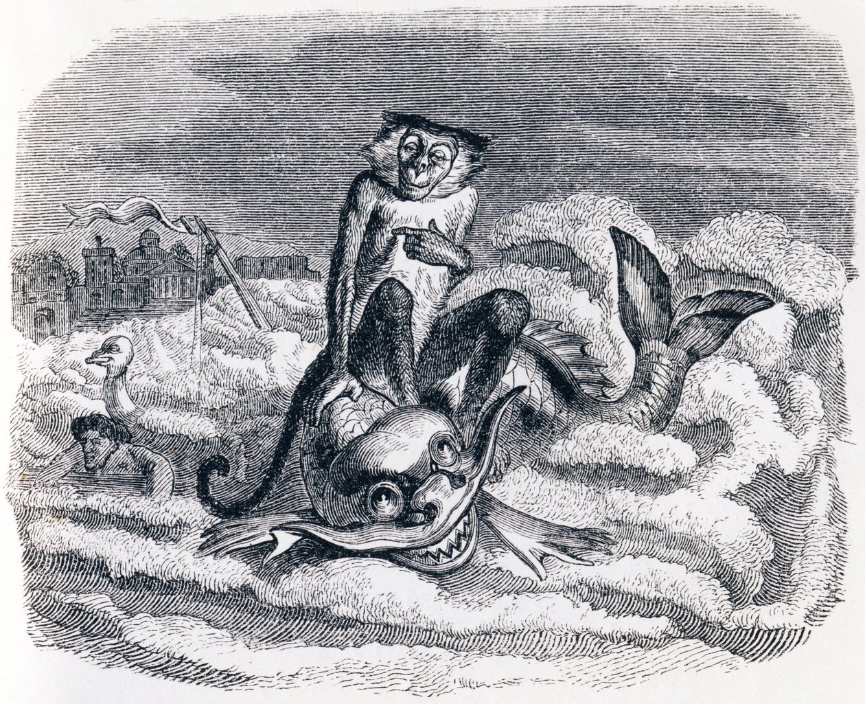 Æslet og delfinen (Le singe et le dauphin) - Fabler af La Fontaine af Grandville