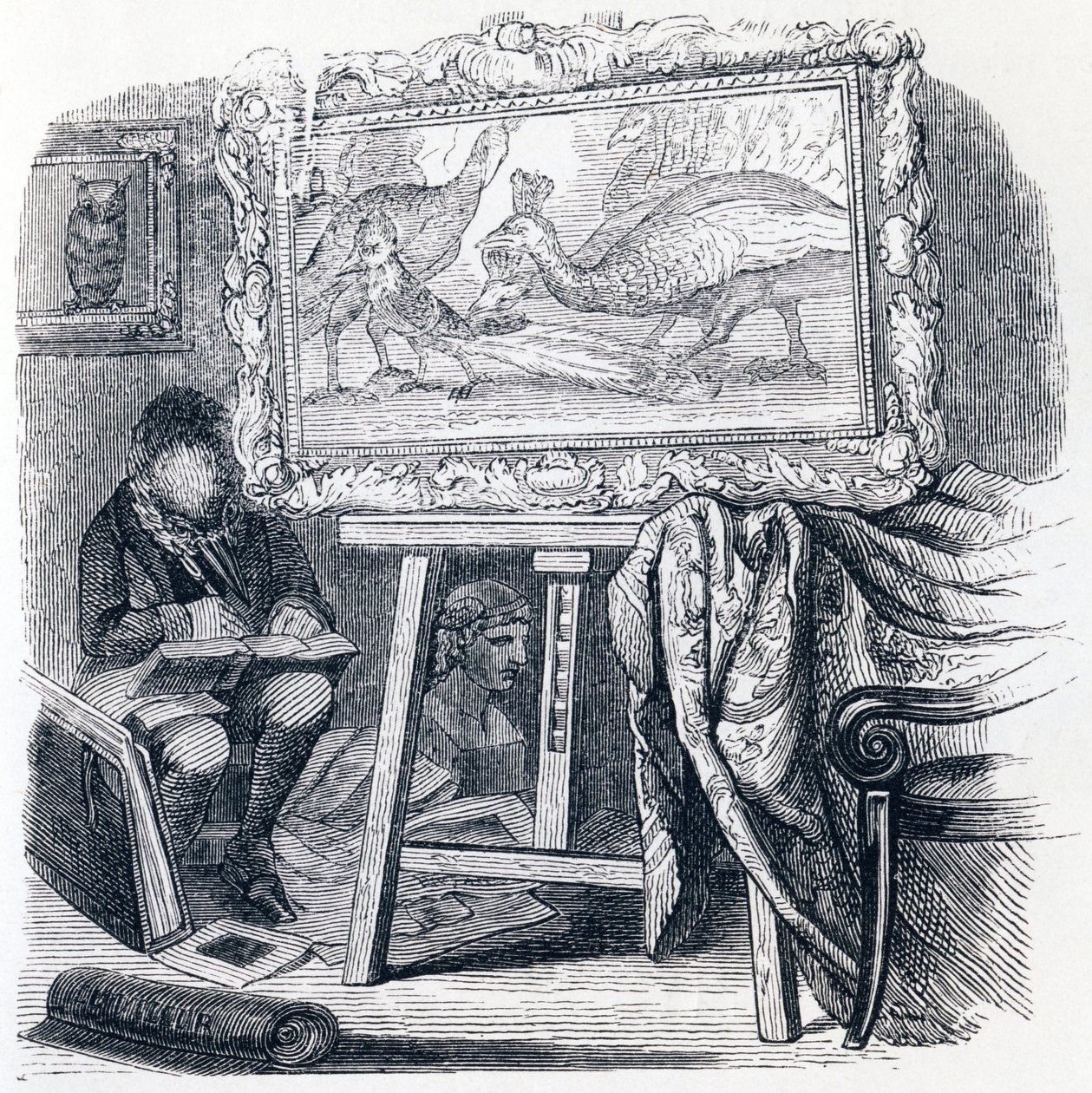 Jay pryder med påfuglefjer (Le geai pare des plumes du paon) - Fabler af La Fontaine af Grandville