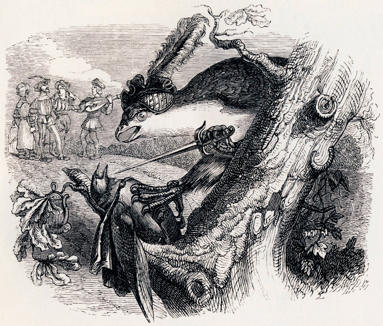 Dragen og nattergalen (Le milan et le rossignol) - Fabler af La Fontaine af Grandville
